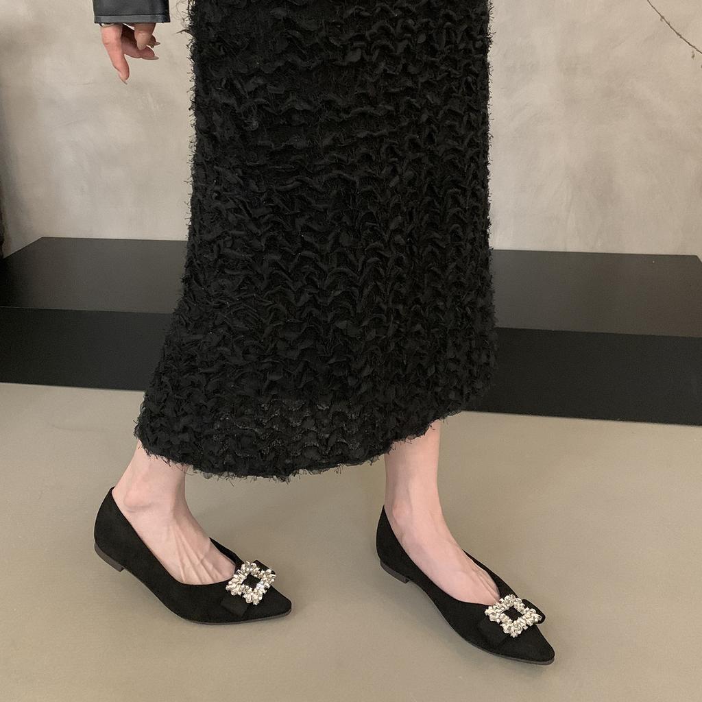 French temperament rhinestone square buckle pointed flat-soled single shoes women's 2025 summer new versatile one-pedal soft-soled ladyshoes