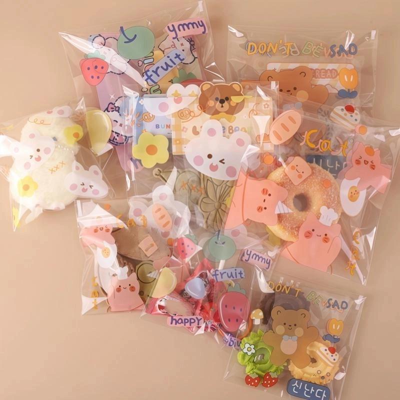 50/100 Pcs Cartoon Pattern Plastic Self-Adhesive Candy Bags Cookie Donut Bread Pastry Bag Food Packaging Resealable Gift Bag