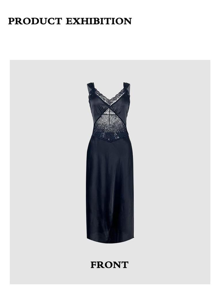 Elegant Black Lace Satin Nightgown: See-through, V-neck, Midi Length, Comfortable Camisole Dress.