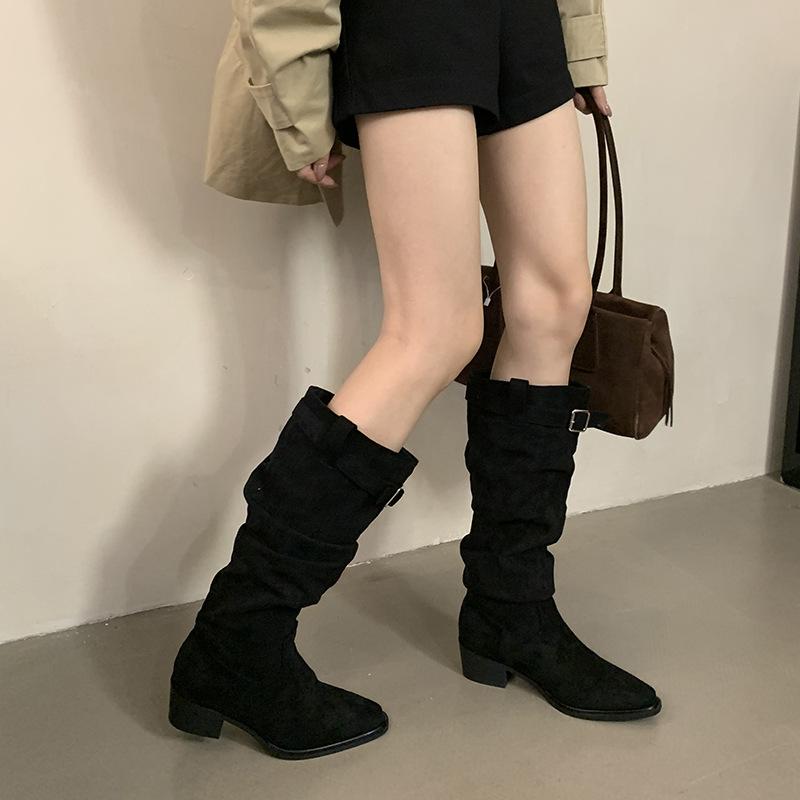 2025 New Pointed High-heeled Stacking Boots Long Boots Women's New Autumn and Winter Matte Suede Thin Long Tube Knight Boots