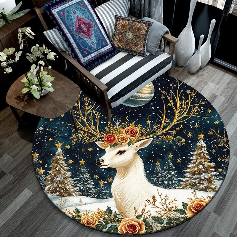 Winter Deer Round Area Rug,Carpet Rug for Living Room Bedroom Sofa Playroom Decor,Non-slip Floor Mat