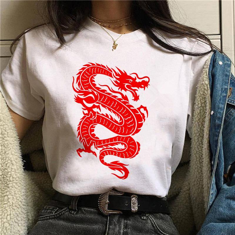 Harajuku Chinese Dragon Print Popular Fashion Trend Largesized Thin Unisexs and Womens Same Shortsleeved Tshirt Graphic
