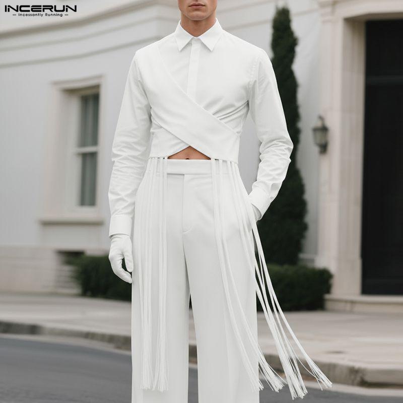 INCERUN Herren Reverskragen Langarm Überkreuzt Vorne Cropped Lässige Quasten Hemden Oberteile