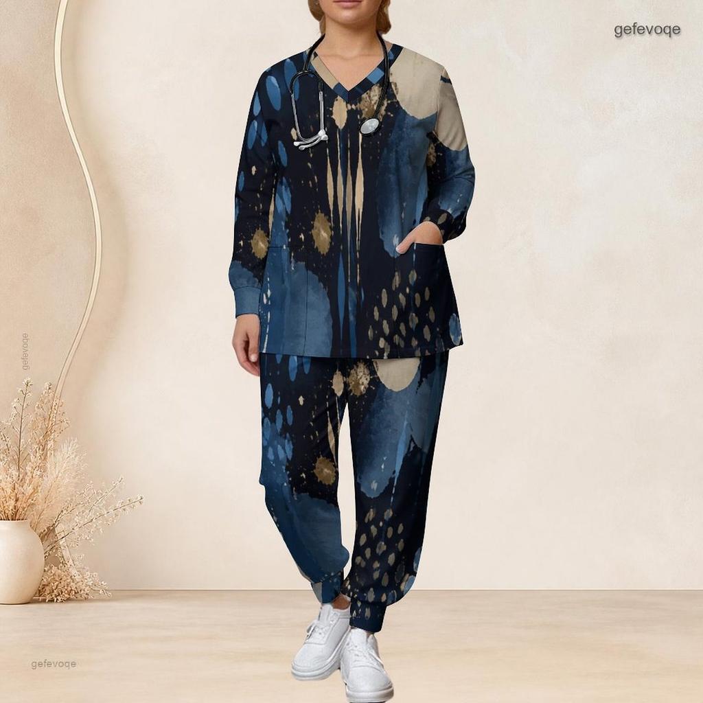 Women Plus Size Green Yellow Beige Printed Nurse Scrub Set V Neck Long Sleeve Top With Pockets Long Pants