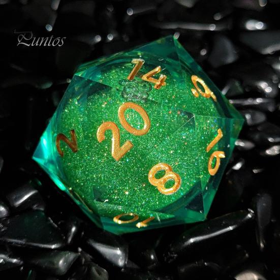 Mehrseitige Harzwürfel Flüssigkern Scharfe Kante 20 Seiten Gold-Silber-Farbe Nummer Polyedrisch Treibsand Mehrseitig D20 RPG Brettspiel Requisite Handgefertigt