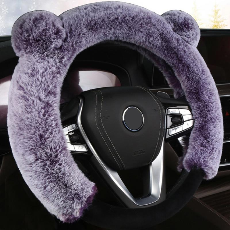 Universal Steering Wheel Cover Cartoon Cute Ear Shape Soft Faux Rabbit Fur Plush Winter Car Interior Styling for Women