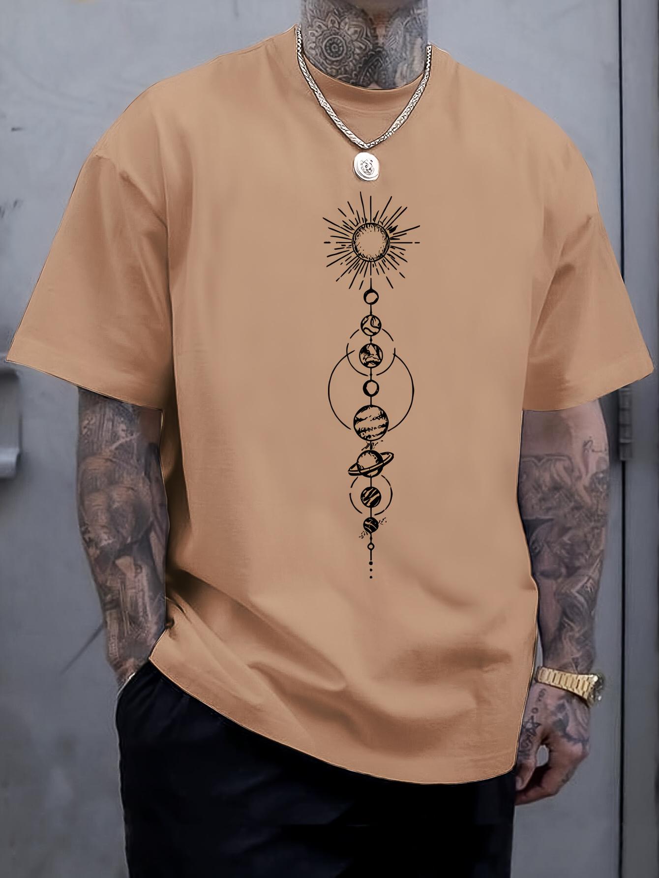 

Футболка с геометрическим узором, круглым вырезом и короткими рукавами - Мягкая ткань с легким стрейчем, Универсальный повседневный топ для взрослых мужчин, Машинная стирка XXXXXL хаки