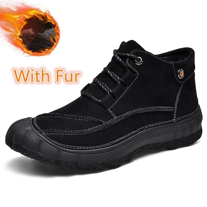 Men'S Casual Shoes Retro Winter Plush Ankle Boots Lace-Up Genuine Leather Outdoor Men'S Boots High Quality Antiskid Cowboy Botas