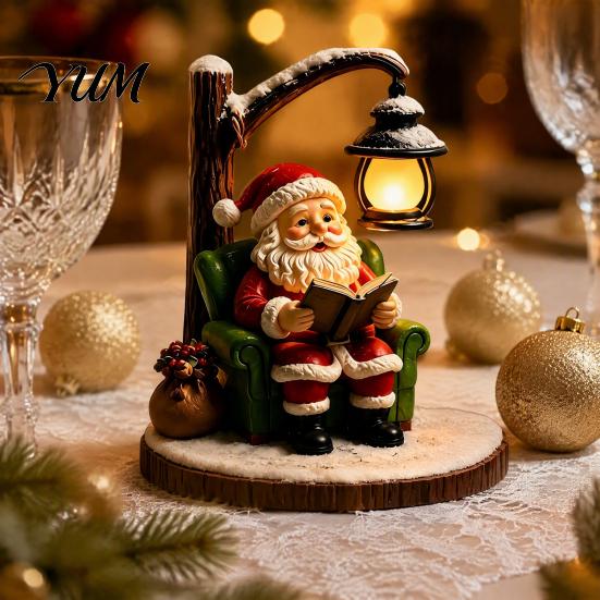 Bedside Lighting for Kids Room Christmas Santa Claus Reading Lantern, Snowman Elk LED Night Light with Warm Resin Desk Lamp Dormitory Glow,