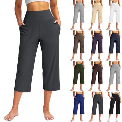 Women  Elastic High Waist 3/4 Pant Casual Active  Fit Wide Capris Leg Pants Trousers With Pockets