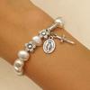Retro Virgin Mary Pendant Pearl Bracelet with Oval Charm and Flower Design for Women