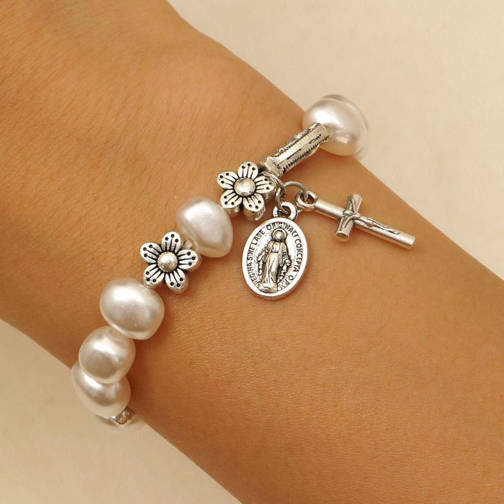 Retro Virgin Mary Pendant Pearl Bracelet with Oval Charm and Flower Design for Women