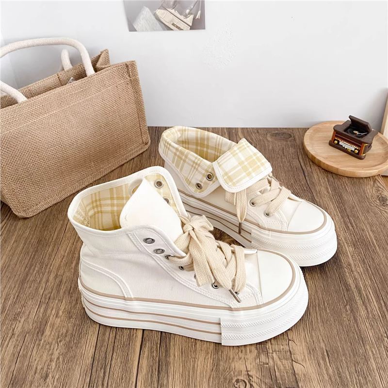 Niche Design Plaid High-top Flip Canvas Shoes Women's Spring and Autumn Popular Thick-soled Casual Breathable Versatile Board Shoes