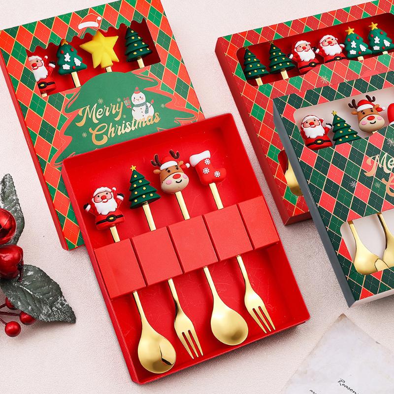 4/6Pcs Christmas Fork And Spoon Set,Stainless Steel Creative Tableware,Coffee Tea Dessert Forks And Spoons Gift Set
