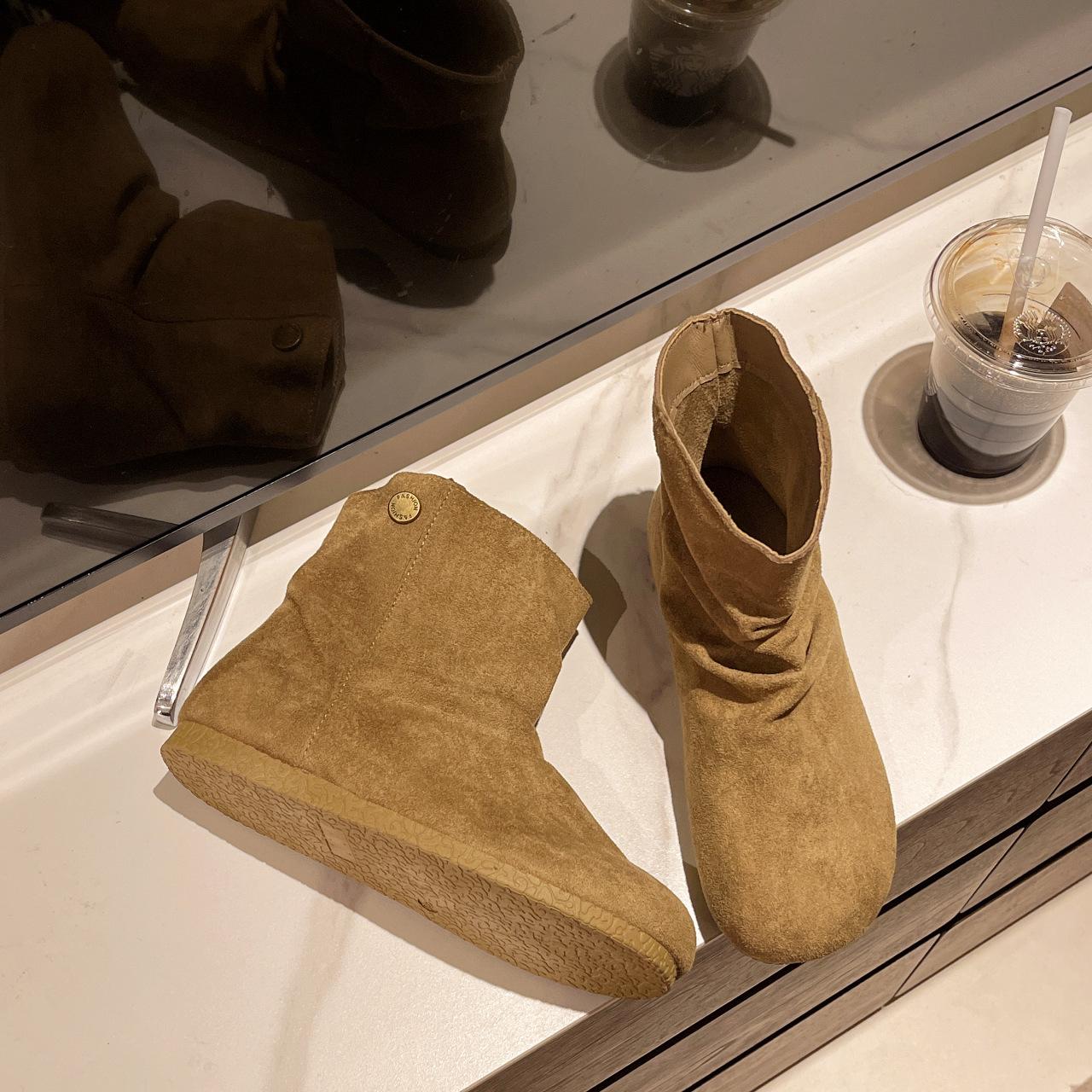 

Матовые кожаные складные ботинки Мартин Женские ботинки 2025 Осень Круглый носок Плоская подошва Ботинки с ворсом Женские ботинки Ботинки Birkenstock 35 хаки