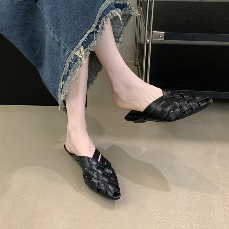 Fashion Bailamos Summer Women Slipper Fashion Weave Pointed Toe Slip On Ladies Mules Shoes Flat Heel Sandal Shoes Dress Slides Mujer
