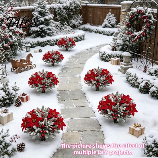 Red Poinsettia Stakes 17Pcs Christmas Stems, Artificial with Frosted Pine Branches Reusable Holiday Floral Berries, Faux Winter Picks for Outdoor Yard