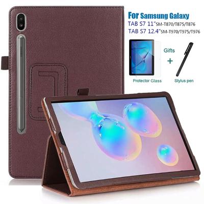 Tablet Case for Samsung Galaxy Tab S7 Plus 12.4 Inch 2020 SM-T970 SM-T975 PU Leather Slim Folding Litchi Cover For Tab S7 11inch T870 T875 Pen+Glass