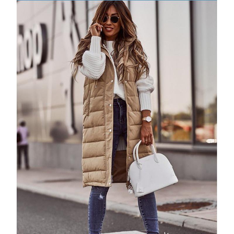 European and American Solid Color Hooded Single Breasted Mid Length Cotton Jacket Vest Slimming Temperament Cardigan Jacket Top