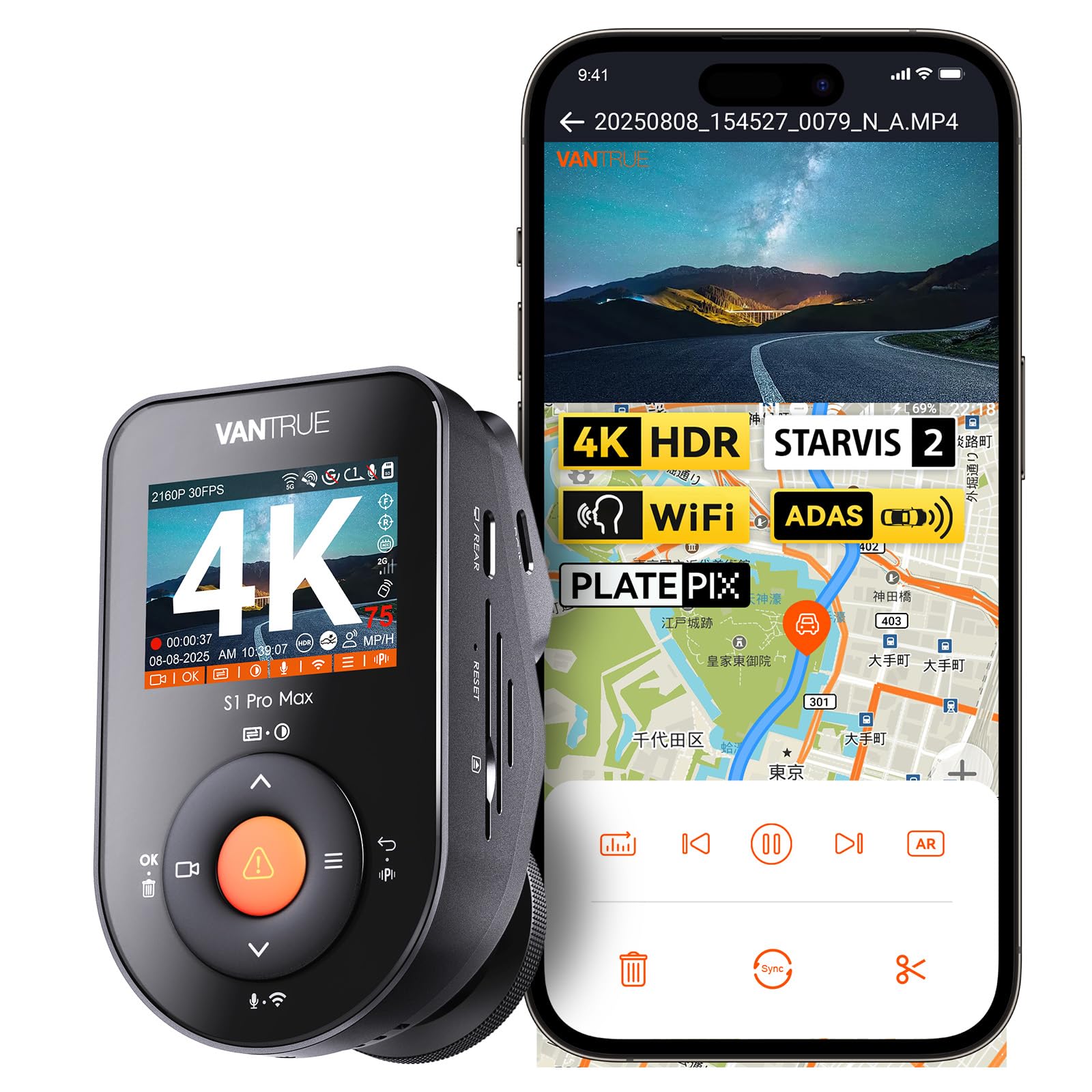 

Видеорегистратор VANTRUE S1 Pro Max 4K STARVIS Двойной сенсор с HDR Ночная улучшенная Номерной знак Парковка ADAS Безопасность Голосовое управление LED 1ТБ Память [Sony IMX678] WiFi,