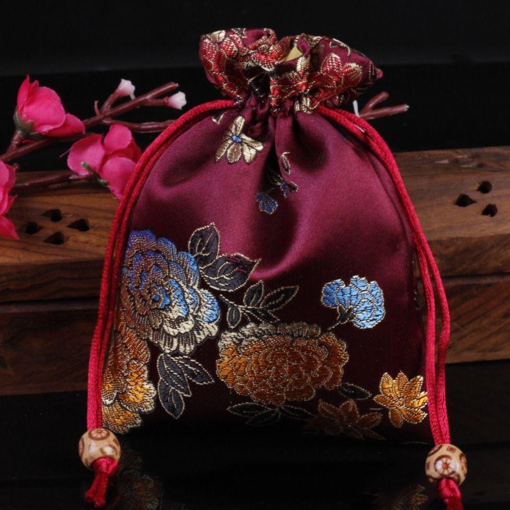 Chinese Style Embroidery Flower Drawstring Bag Coin Purse Jewelry Packing Bag  Hanfu Decor