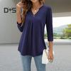 Damen-Oberteile mit V-Ausschnitt, Knopfdekor, 3/4-Ärmel, Pullover, einfarbig, knitterfrei, T-Shirt, lässiger Stil, für den Alltag