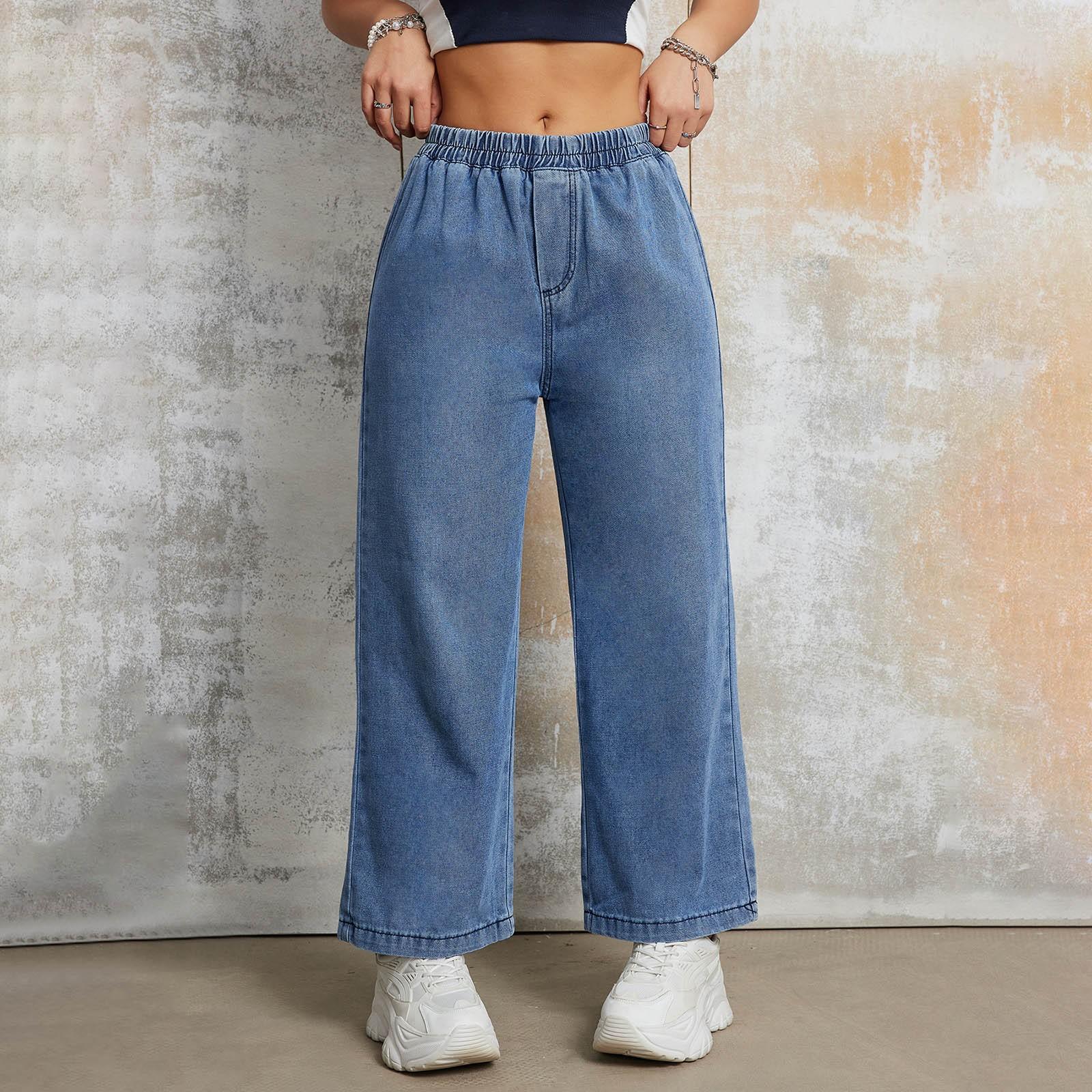 Женские весенние винтажные свободные джинсы Женские плиссированные широкие брюки Брюки-стирки Вертикальные брюки L синий