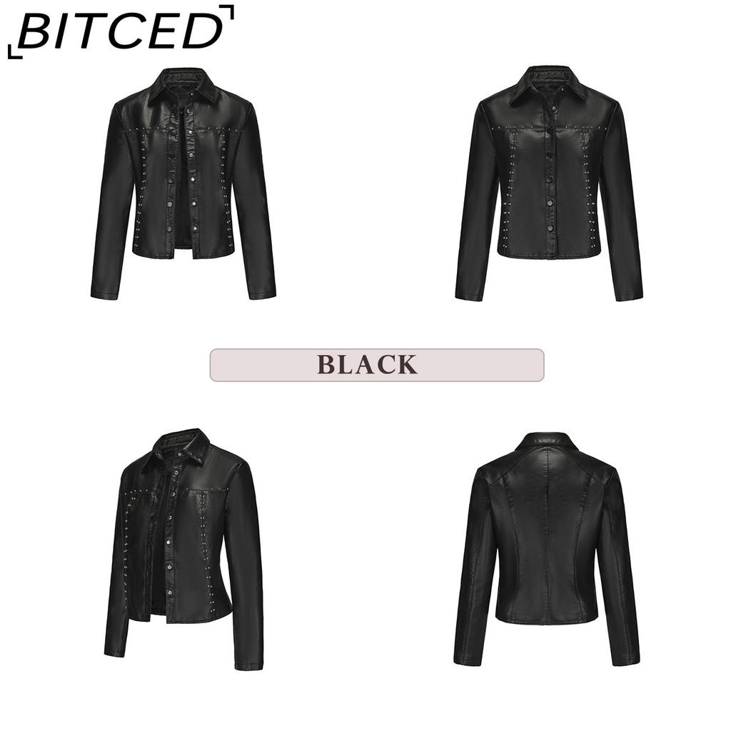 BITCED Women's Spring/Autumn Studded Leather Jacket Cardigan Button-Up Leather Clothing Fashionable Lightweight Outerwear