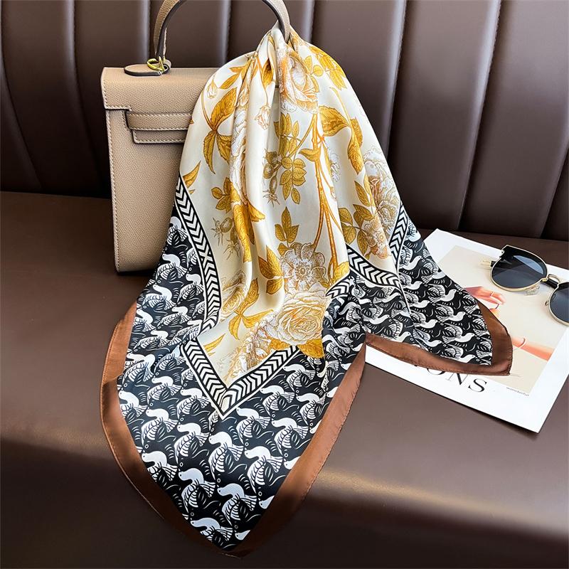 70cm Square Designer Gold Rose Print Scarf Women Silk Scarves Luxury Bandana Hijab Neckerchief Shawl Kerchief Hair Band Foulard