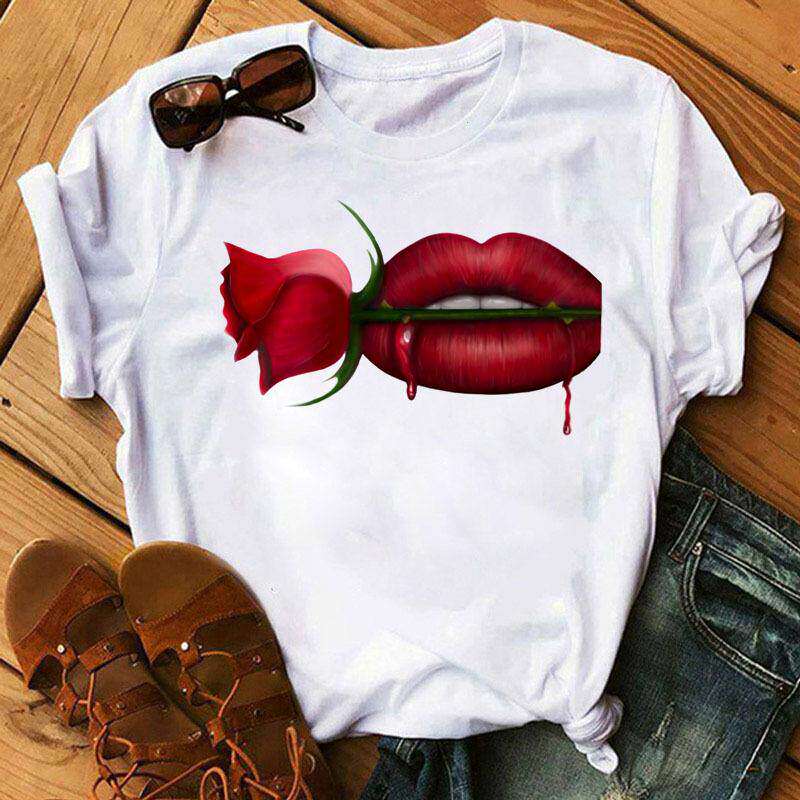 Lippen Reine Baumwolle Bedruckt Unisex und Damen Modetrend T-Shirt Sommer Neu Personalisiert Rundhals Locker Lässig T-Shirt