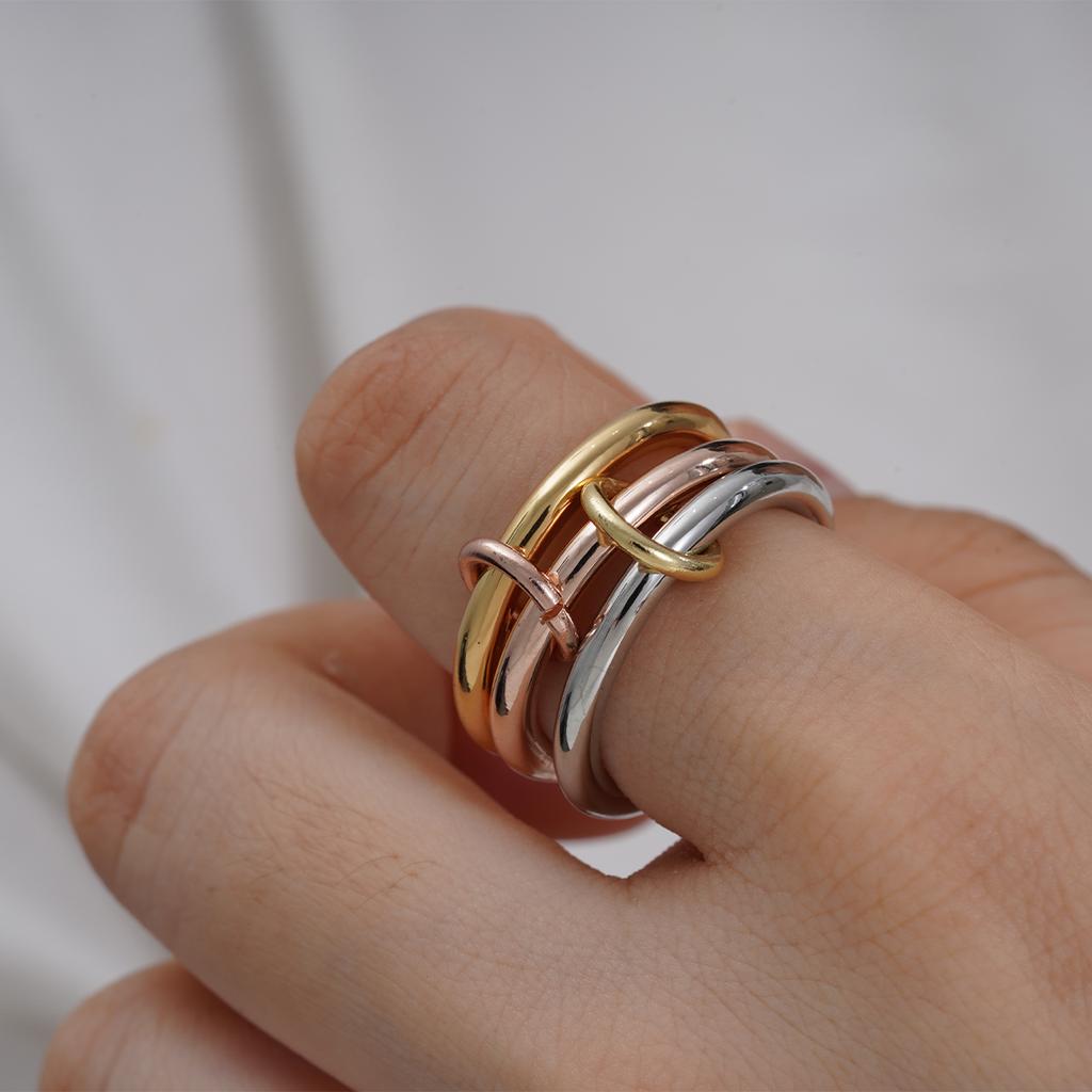 Size 678 18K Gold Plated 3 Layers 3 Colors Connecting Ring Stainless Steel Waterproof Stackable Ring Trendy Jewelry Accessory