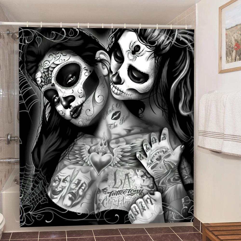 Skull Shower Curtain Waterproof Polyester Fabric Gothic Halloween Sexy Woman Love Print Shower Curtain Cortina De La Ducha