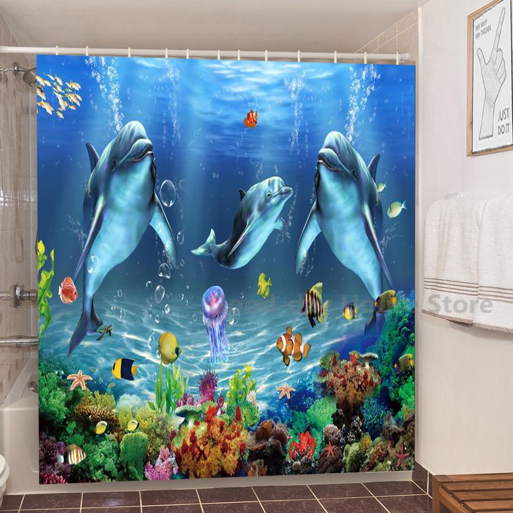 3D Dolphin Bathroom Shower Curtain Waterproof Polyester Fabric Kids Bath Curtain with 12 Hooks Cute Cortinas Washable Home Decor