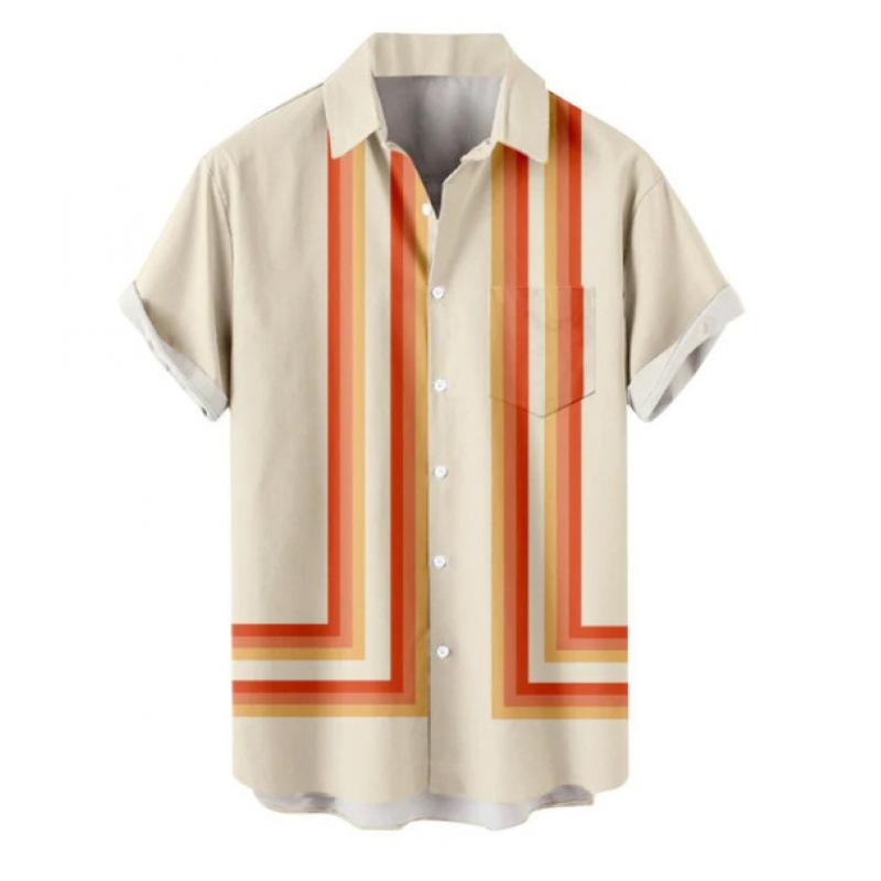 Summer new men's top striped D print men's cardigan lapel