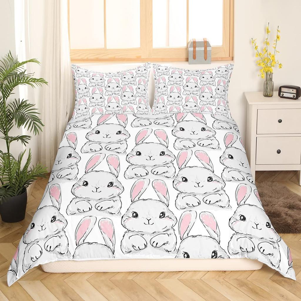 Rabbit Print Kids Girls King Queen Duvet Cover Cartoon Pink Little Bunny Comforter Cover Animal Floral Polyester Bedding Set