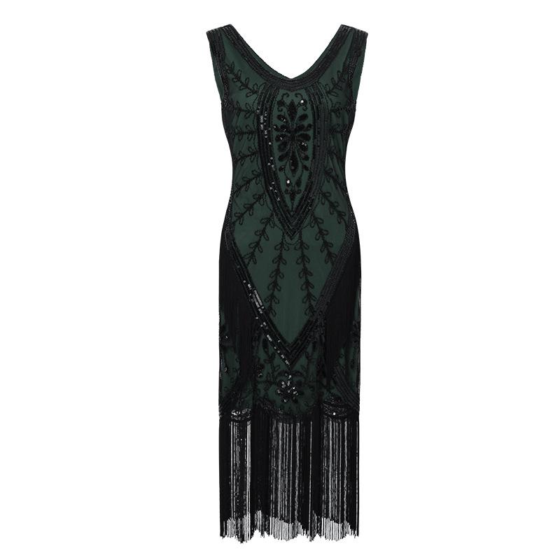1920s Retro Sequin Tassel Plus Size Black Dress, V-Neck Party/Banquet Wear