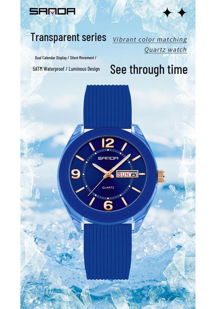 Orologio Sanda Dual Calendar al Quarzo da Studente con Lancette Luminose, Impermeabile, alla Moda, Cassa Rotonda Trasparente