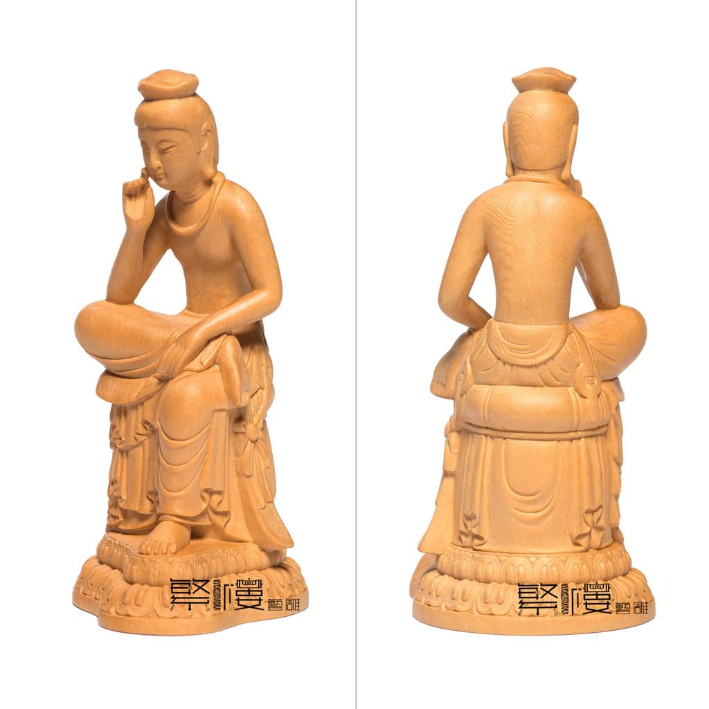 Hanro Art Maitreya Bodhisattva Statue in a Pensive Wood Buddhist Altar Hinoki Natural Wood Color H x W x 7cm Wood Carving, Position, Carving,