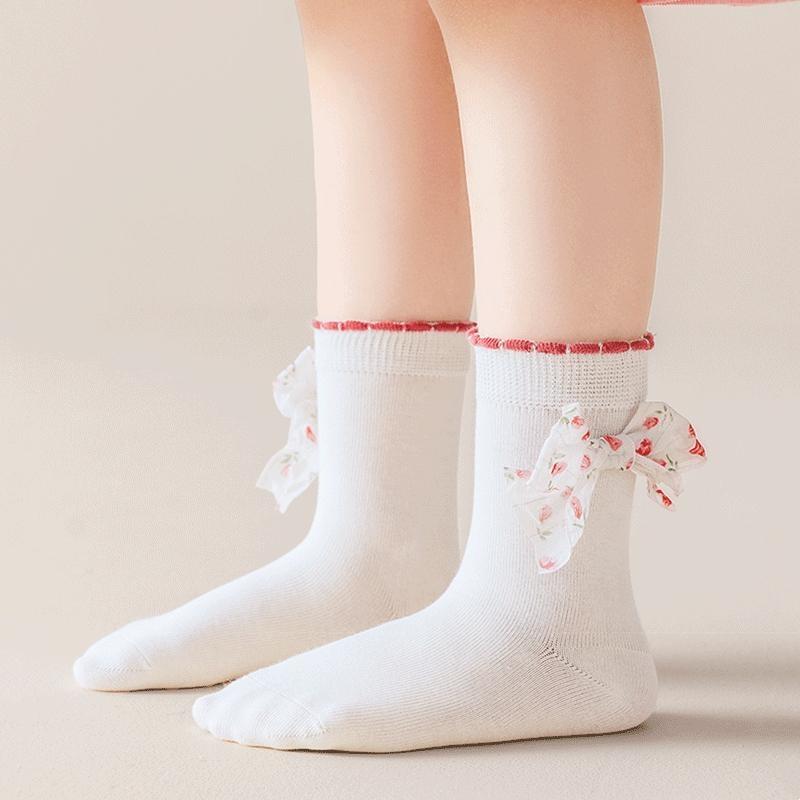 3Pairs/Set Kids Girls Socks Sweet Lace Bowknot Ruffle Socks Stripe Print  Socks Breathable Socks Autumn Spring