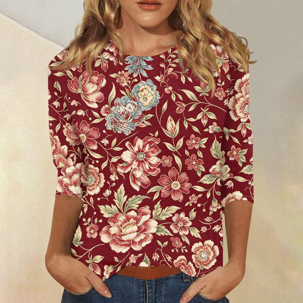 Damen Casual Oberteil mit Blumendruck 3/4 Ärmel Rundhalsausschnitt Leichter weicher Stoff Bequeme Passform Stilvolles Design für den Alltag