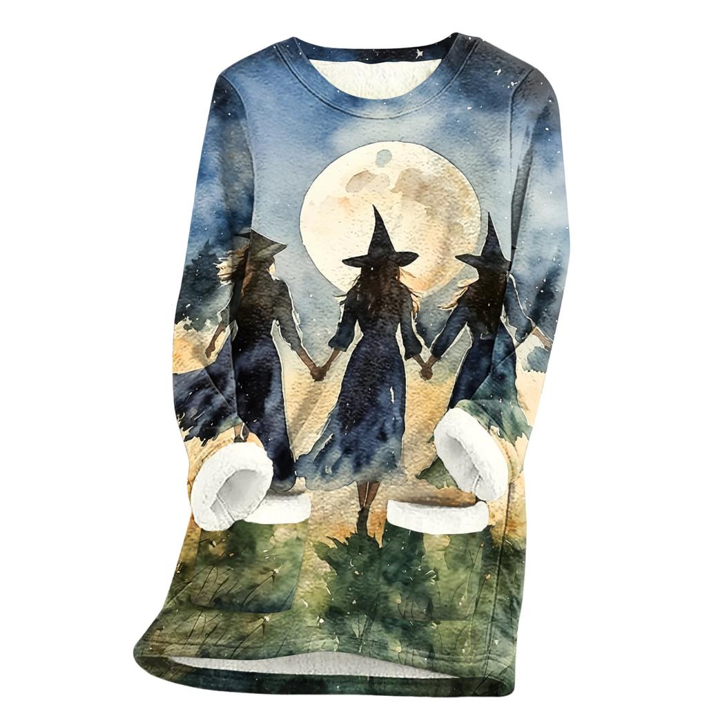 Women's Halloween Print -Lined Long Jacket for Fall and Winter Warmth