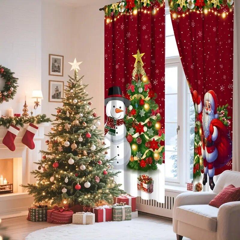 Set Of 2 Christmas Santa Claus Print Curtains Pole Bag Home Decoration Room Curtain Polyester