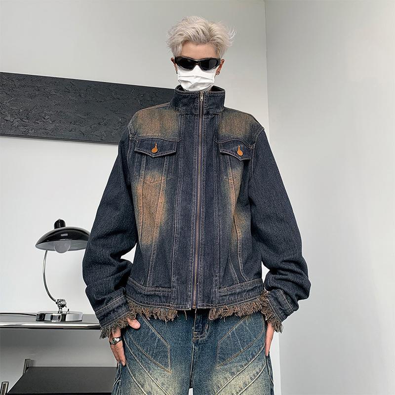 

Мужская новая американская джинсовая куртка в стиле хай-стрит на весну и осень, винтажный топ с необработанным краем, хулиганская куртка M