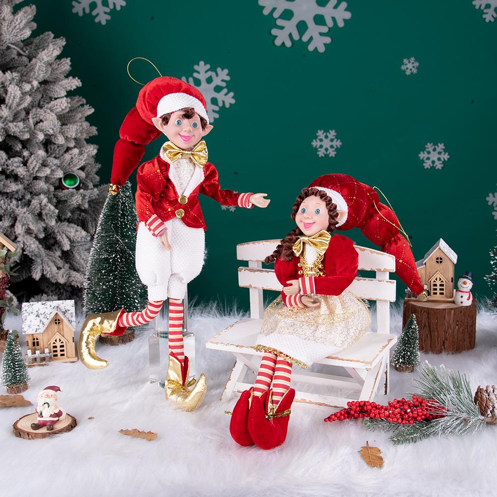 Red-White-Gold Christmas Elf Doll Set