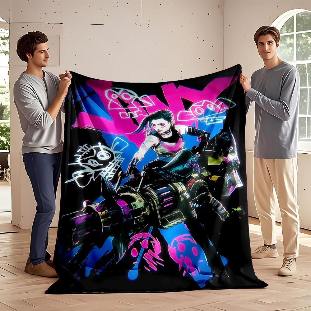 A Vibrant Futuristic Character Wielding a Large Weapon, with Graffiti Art. for All Seasons Blanket Lunch Break Throw Gift