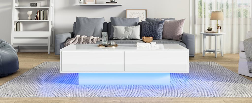 Modern High-Gloss Coffee Table in White, 115 x 55 x 34 cm, with 2 Drawers, LED Lighting and 30 kg Load Capacity – Elegant Living Room Table
