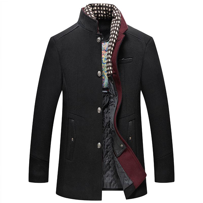 Men's European Size Wool Blend Business Overcoat with Scarf - Autumn/Winter Fashion, Wrinkle-Free Design, Cross-Border Style