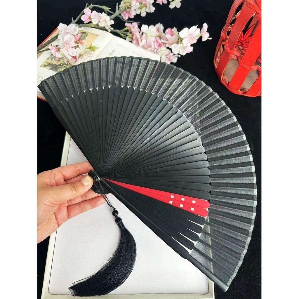 Chinese Bamboo Hand Fan Ventilador Portable Vintage Folding Black Silk Fan Classical Men Women Performance Prop Hand Fan