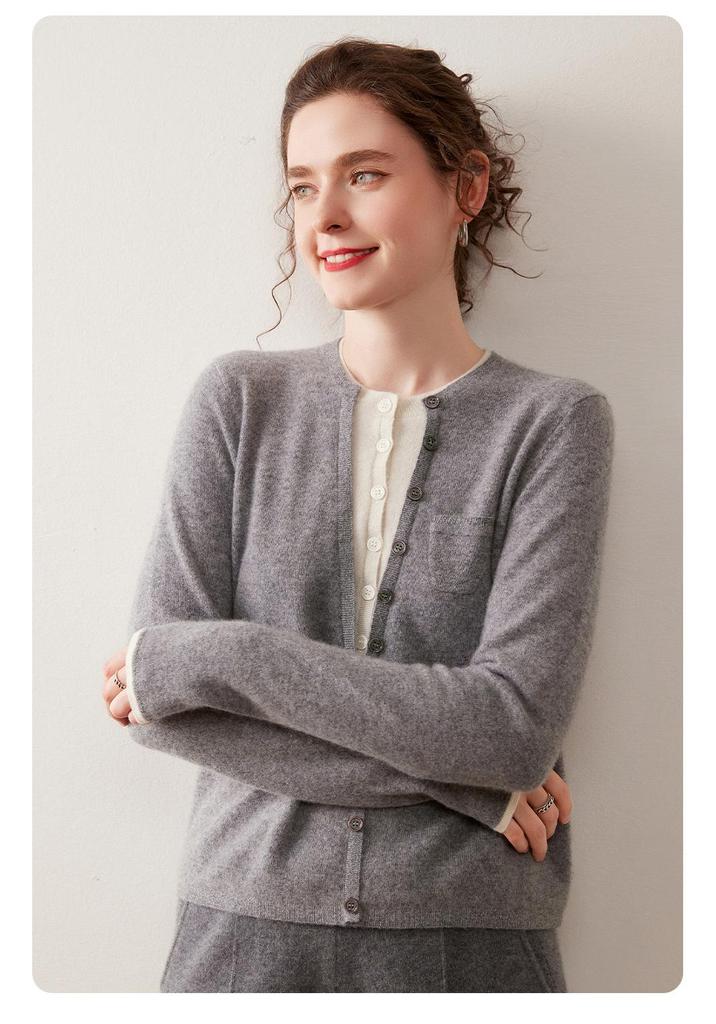 Women's Autumn/Winter Round Neck Single-Breasted Color-Block Cashmere Cardigan - Long Sleeve, Short Knit Sweater, Fake Two-Piece Design.