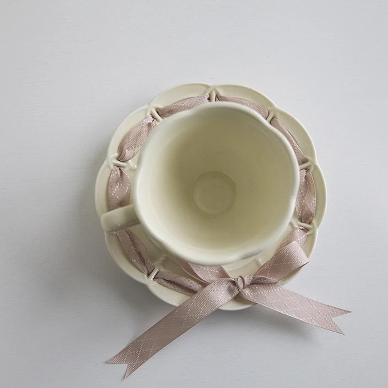 New Bone China Teacup and Saucer Set Ceramic 250ml Tea Coffee Cup with Colorful Ribbon for Wedding and Party Coffee Mug